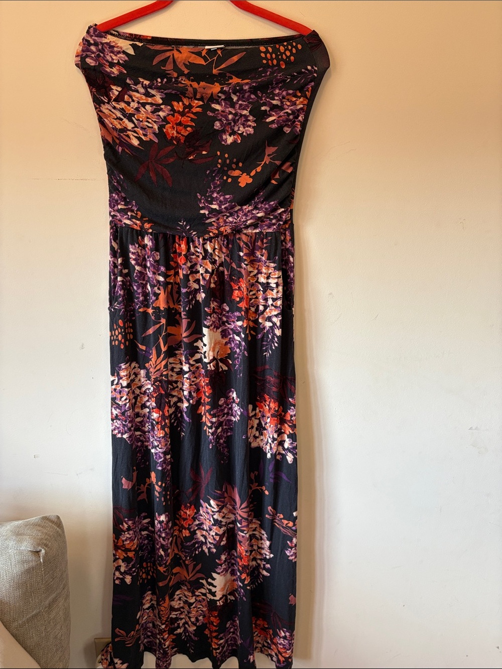 Strapless Floral Maxi Dress in Black, Purple & Orange